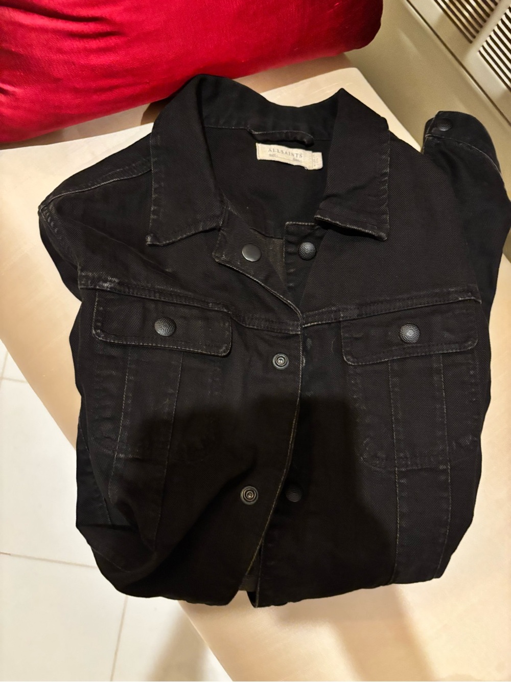 All Saints Black Denim Jean Jacket with Snap Pockets